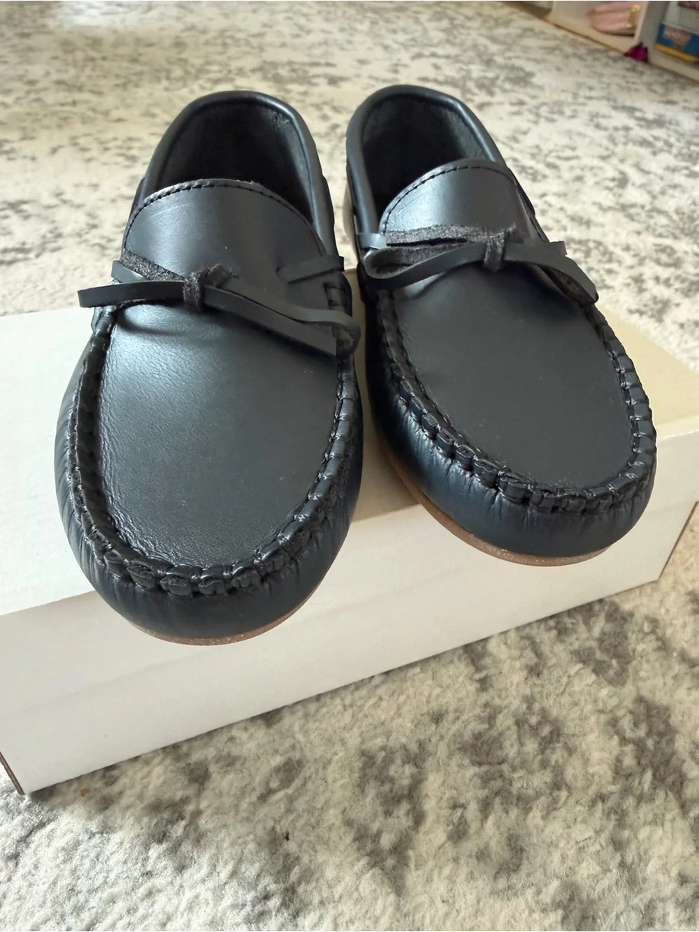 Children's navy Leather Moccasin Loafers with Bow